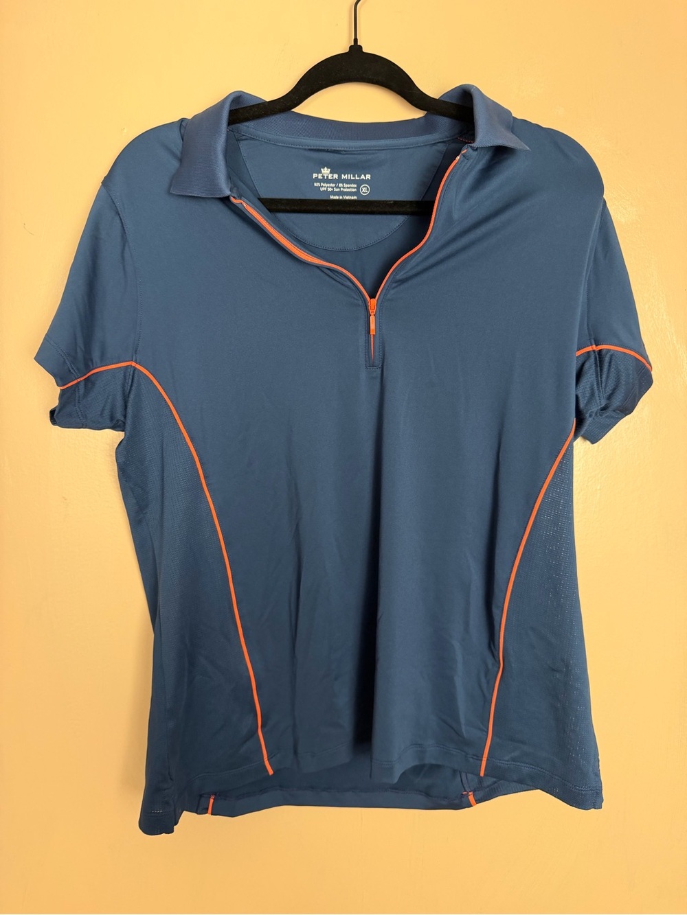 Peter Millar Women's Slate Blue Short Sleeve Zip Polo with Orange Piping